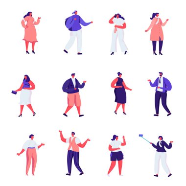 Düz Moda Tasarımcıları ve Modelleri Karakterler kümesi. Karikatür Haute Couture Giyim ve Pist, Kızlar Trendy Giyim Standı gösteren. Vektör İllüstrasyonu.