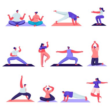 Düz Erkek ve Kadın Spor Aktiviteleri Karakterleri Seti. Karikatür İnsanlar Spor yapıyor, Yoga Egzersiz, Fitness, Farklı Pozlar Egzersiz, Germe. Vektör İllüstrasyonu.