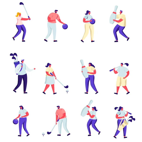 Set of Flat People Playing Golf and Bowling Characters. Cartoon Summertime Outdoors and Indoors Fun Activity, Healthy Lifestyle. Vector Illustration.