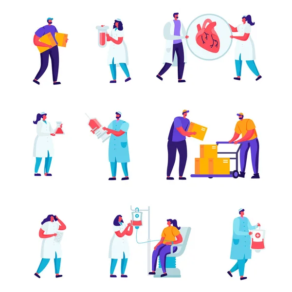 Set of Flat Medicine Staff, Road Repair Workers Characters. Cartoon People Making Asphalt Maintenance. Warning Signs Construction, Doctors Make Blood Donation. Vector Illustration. — Stock Vector