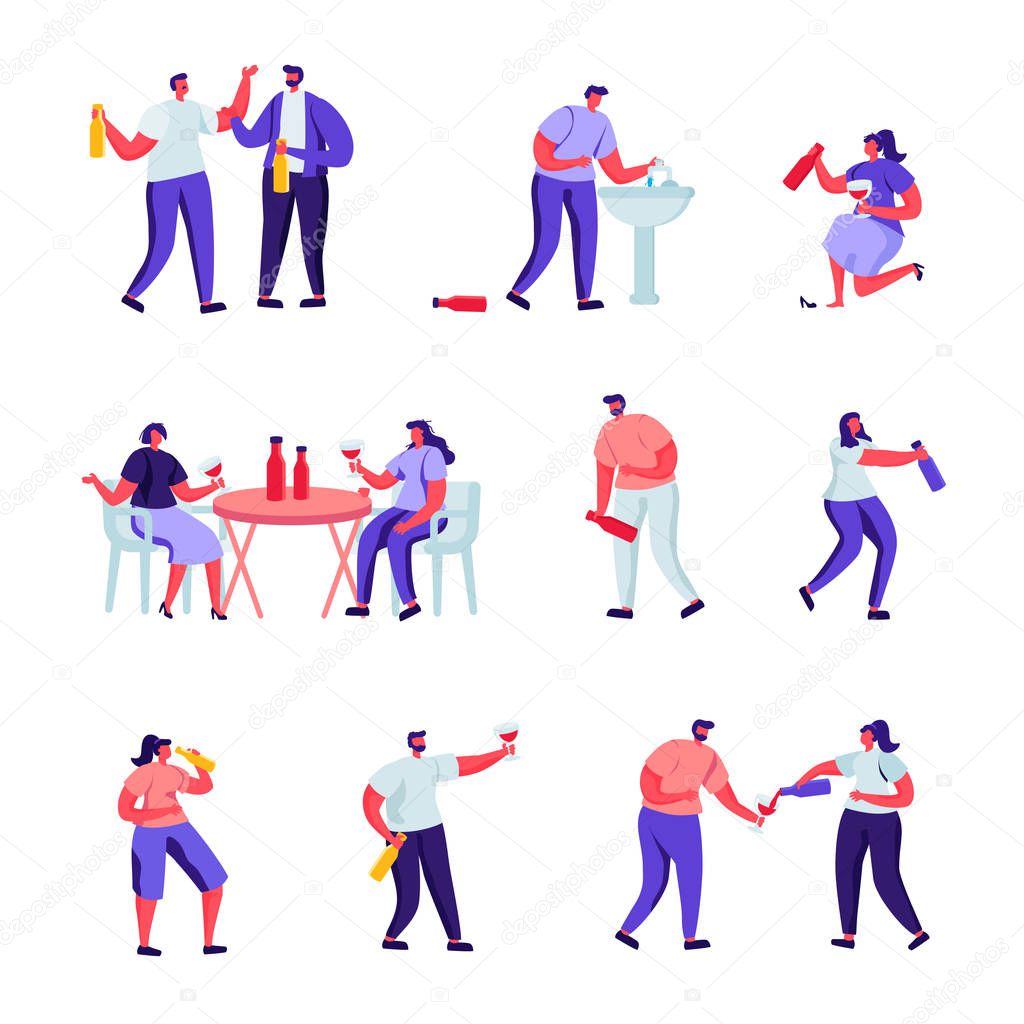 Set of Flat Drinkers and People Playing with Water Guns Characters. Cartoon Alcohol Addiction, Drunk Men and Women Lying on Ground, Puking. Vector Illustration.