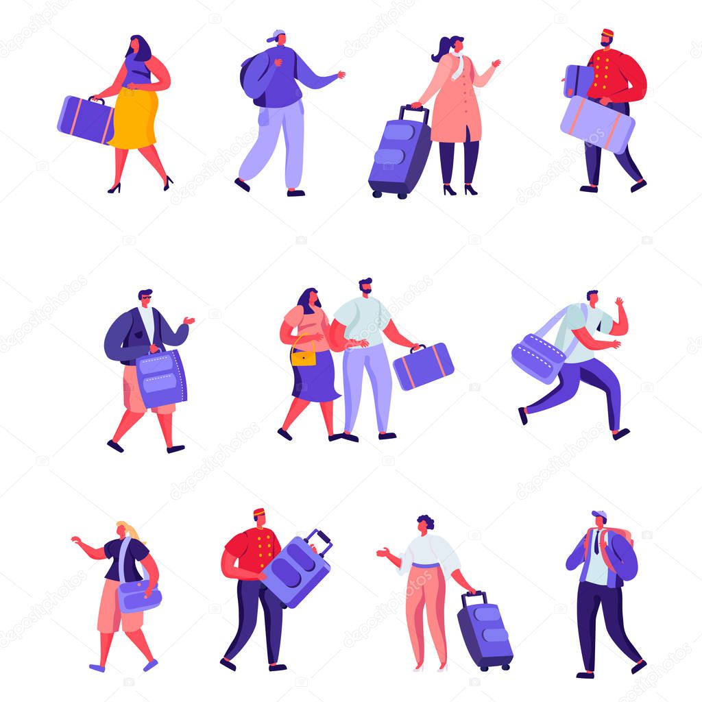 Set of Flat Hotel Staff and Guests Characters. Cartoon Businessman, Receptionist, Clerk Meeting Lodgers, Arabic European Clients, Doorman. Vector Illustration.