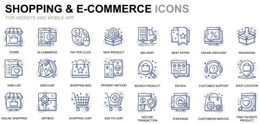 Basit web sitesi ve mobil uygulamalar için alışveriş ve E-ticaret satır Icons Set. Teslimat, ödeme yöntemi, mağaza, ticaret olarak böyle simgeleri içerir. Kavramsal renkli simge. Vektör piktogram paketi.