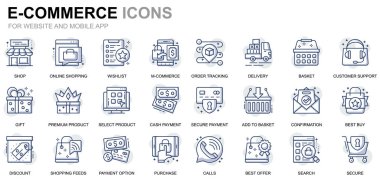 Web sitesi ve mobil uygulamalar için basit Set E-ticaret ve alışveriş satır simgeler. Teslimat, ödeme, sepet, müşteri, dükkanı olarak böyle simgeleri içerir. Kavramsal renkli simge. Vektör piktogram paketi.