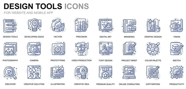 Einfache Set-Design-Tools zeichnen Symbole für Webseiten und mobile Apps. enthält Symbole wie Kreativität, Entwicklung, Präzision, Vision, Skizze. konzeptionelle Farblinie Icon. Vektor-Piktogrammpaket. — Stockvektor