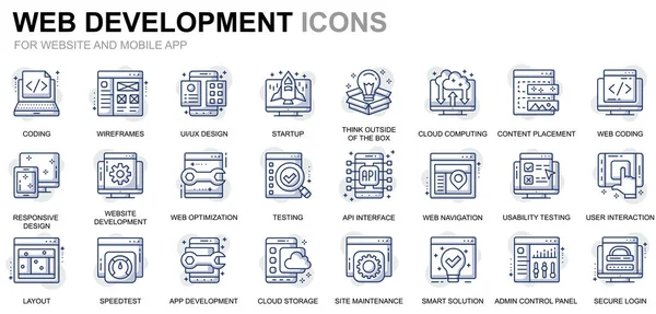 Icone semplici per la progettazione e lo sviluppo di siti Web e applicazioni mobili. Contiene icone come codifica, sviluppo di app, usabilità. Icona della linea di colore concettuale. Pacchetto pittogrammi vettoriali . — Vettoriale Stock