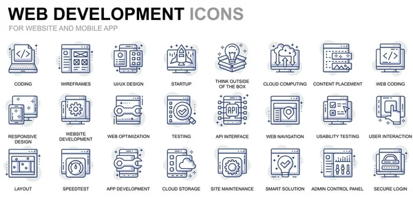 Simples conjunto Web Disign e ícones de linha de desenvolvimento para site e aplicativos móveis. Contém ícones como codificação, desenvolvimento de aplicativos, usabilidade. Ícone de linha de cor conceitual. Embalagem de pictograma vetorial . —  Vetores de Stock