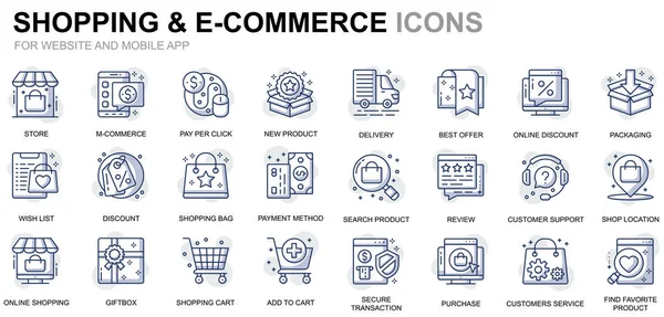 Eenvoudige reeks pictogrammen van winkels en E-Commerce lijn voor Website en mobiele Apps. Dergelijke pictogrammen als betalingsmethode, opslag, levering, Commerce bevat. Conceptuele lijn kleur pictogram. Vector pictogram pack. — Stockvector