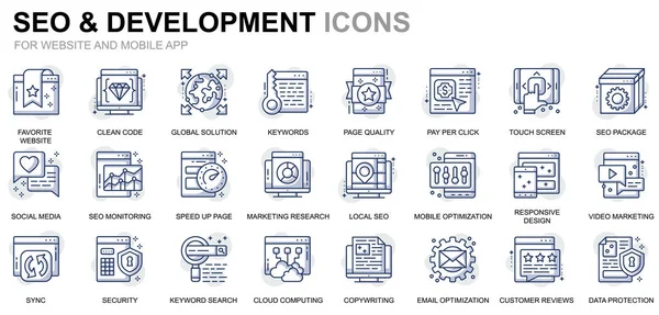 Semplice Set Seo e le icone della linea di sviluppo per il sito web e applicazioni mobili. Contiene icone come Clean Code, Protezione dei dati, Monitoraggio. Icona della linea di colore concettuale. Pacchetto pittogrammi vettoriali . — Vettoriale Stock