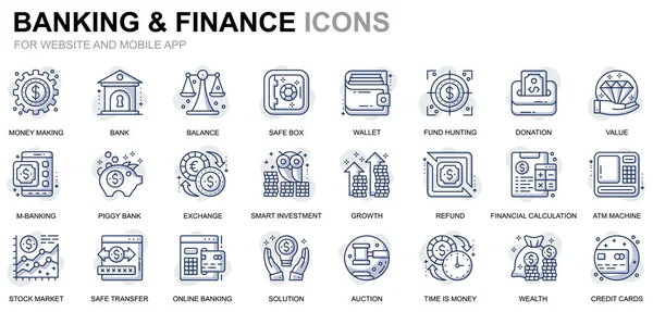 Einfache Einstellung von Bank- und Finanzliniensymbolen für Webseiten und mobile Apps. enthält Symbole wie Saldo, E-Banking, Auktion, Finanzwachstum. konzeptionelle Farblinie Icon. Vektor-Piktogrammpaket. — Stockvektor