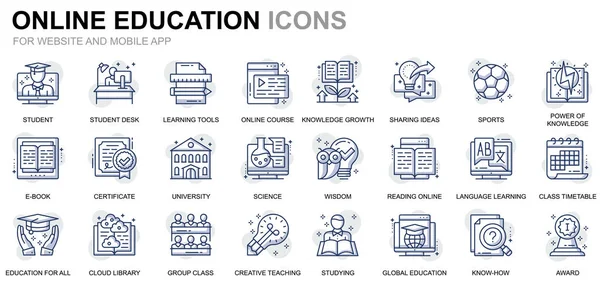 Einfache Bildungs-und Wissenszeilen-Symbole für Webseiten und mobile Apps. enthält Symbole wie Online-Kurs, Universität, Studium, Buch. konzeptionelle Farblinie Icon. Vektor-Piktogrammpaket. — Stockvektor