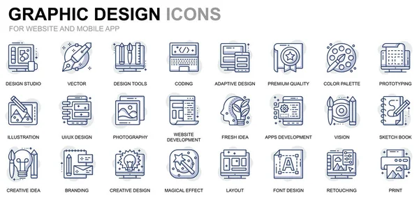 Simple Set Web and Graphic Design Line Icônes pour site Web et applications mobiles. Contient des icônes telles que Studio, Outils, Développement d'applications, Retoucher. Icône conceptuelle de ligne de couleur. Emballage de pictogramme vectoriel . — Image vectorielle
