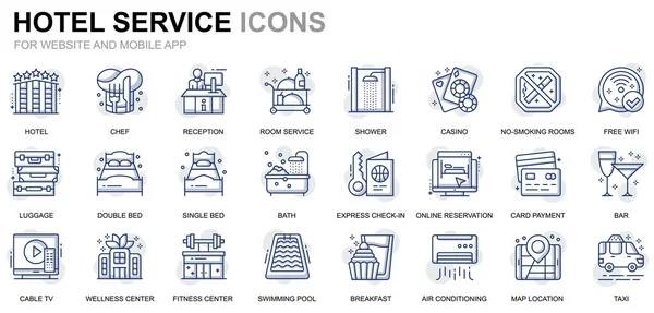 Einfach gesetzte Hotelleitssymbole für Webseiten und mobile Apps. enthält Symbole wie Gepäck, Rezeption, Zimmerservice, Fitnesscenter. konzeptionelle Farblinie Icon. Vektor-Piktogrammpaket. — Stockvektor