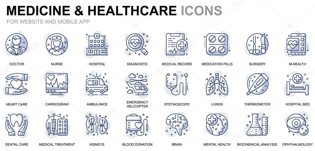 Simple Set Healthcare and Medicine Line Icons for Website and Mobile Apps. Contains such Icons as Doctor, Hospital, Medical Equipment. Conceptual color line icon. Vector pictogram pack.