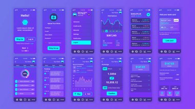 Ui, Ux, Gui ekranları Cryptocurrency uygulaması mobil uygulamalar için düz tasarım şablonu, duyarlı web sitesi tel kafesleri ayarlayın. Web tasarım Ui kiti. Cryptocurrency Panosu.