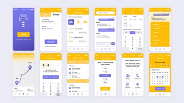 Ui, Ux, Gui ekranları Mobil uygulamalar için teslim uygulaması düz tasarım şablonu, duyarlı web sitesi tel kafesleri ayarlayın. Web tasarım Ui kiti. Teslimat Panosu.