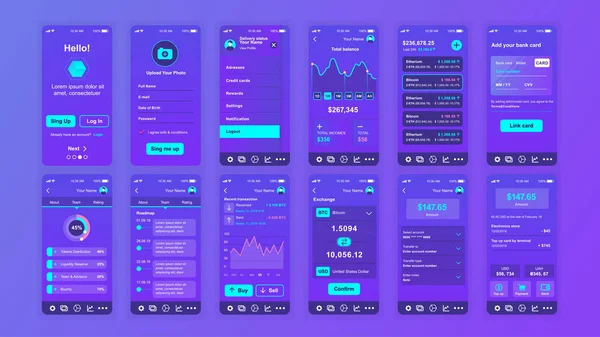 Set di UI, UX, schermi GUI Cryptocurrency app modello di design piatto per applicazioni mobili, wireframe del sito web reattivo. Web design UI kit. Cryptocurrency Crashboard . — Vettoriale Stock