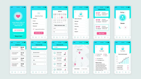 Conjunto de interfaz de usuario, UX, pantallas de interfaz gráfica Plantilla de diseño plano de la aplicación de medicina para aplicaciones móviles, wireframes responsive sitio web. Kit interfaz de usuario de diseño web. Tablero de medicina . — Archivo Imágenes Vectoriales