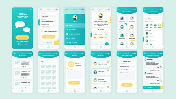 Set van UI, UX, GUI schermen sociale netwerk app plat ontwerpsjabloon voor mobiele apps, responsieve website wireframes. Web design UI Kit. Dashboard voor sociale netwerken. — Stockvector