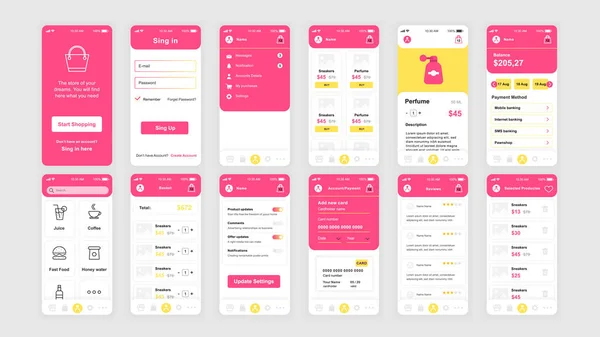 Conjunto de UI, UX, telas GUI Shopping app modelo de design plano para aplicativos móveis, wireframes site responsivo. Web design UI kit. Painel de Compras . — Vetor de Stock