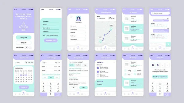 Set van UI, UX, GUI schermen Delivery app plat ontwerpsjabloon voor mobiele apps, responsieve website wireframes. Web design UI Kit. Leverings dashboard. — Stockvector