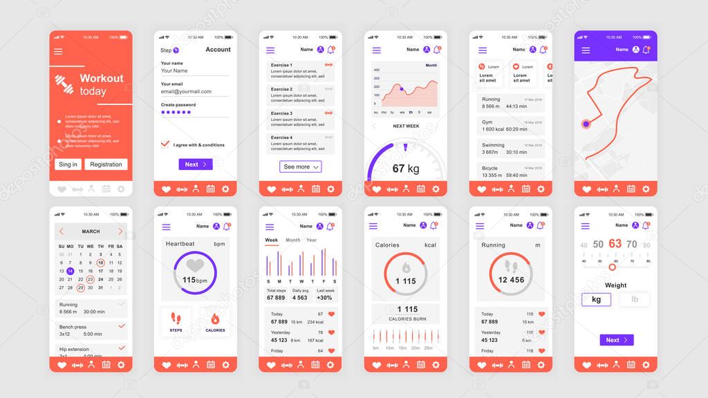 Set of UI, UX, GUI screens Fitness app flat design template for mobile apps, responsive website wireframes. Web design UI kit. Fitness Dashboard.