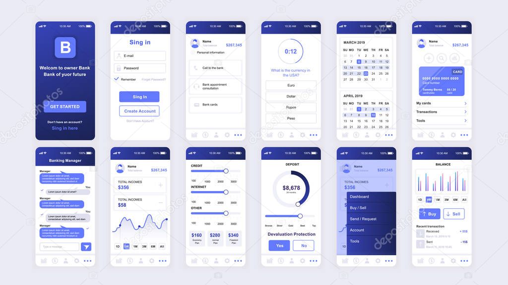 Set of UI, UX, GUI screens Banking app flat design template for mobile apps, responsive website wireframes. Web design UI kit. Banking Dashboard.