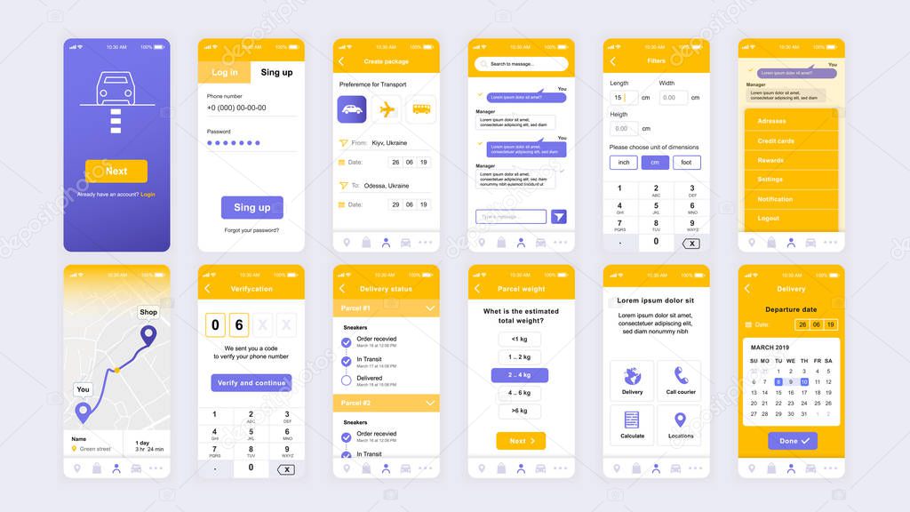 Set of UI, UX, GUI screens Delivery app flat design template for mobile apps, responsive website wireframes. Web design UI kit. Delivery Dashboard.
