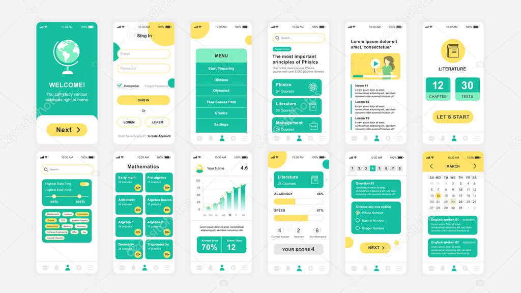 Set of UI, UX, GUI screens Education app flat design template for mobile apps, responsive website wireframes. Web design UI kit. Education Dashboard.