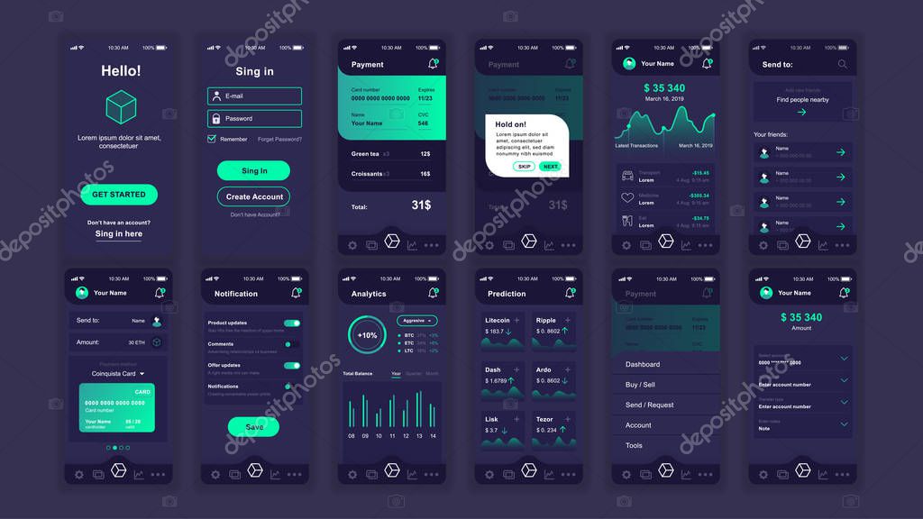 Set of UI, UX, GUI screens Cryptocurrency app flat design template for mobile apps, responsive website wireframes. Web design UI kit. Cryptocurrency Dashboard.