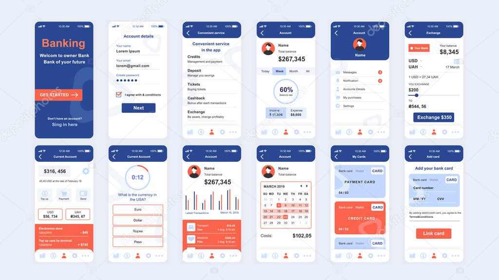 Set of UI, UX, GUI screens Banking app flat design template for mobile apps, responsive website wireframes. Web design UI kit. Banking Dashboard.