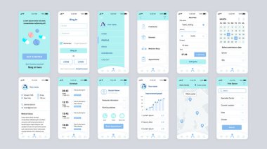 Ui, Ux, Gui ekranları Tıp uygulaması mobil uygulamalar, duyarlı web sitesi tel kafesleri için düz tasarım şablonu ayarlayın. Web tasarım Ui kiti. Tıp Panosu.