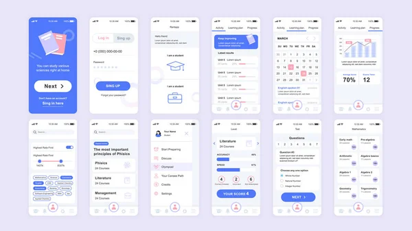 Set van UI, UX, GUI schermen onderwijs app plat ontwerpsjabloon voor mobiele apps, responsieve website wireframes. Web design UI Kit. Dashboard voor onderwijs. — Stockvector