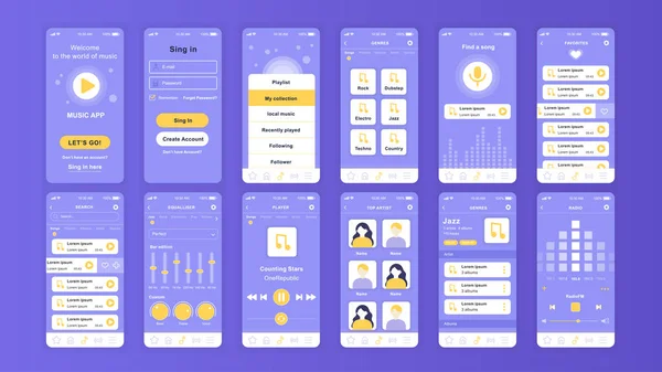 Conjunto de UI, UX, pantallas GUI Plantilla de diseño plano de aplicaciones de música para aplicaciones móviles, wireframes responsive sitio web. Kit interfaz de usuario de diseño web. Tablero de música . — Archivo Imágenes Vectoriales