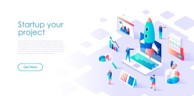 Afiş ve web sitesi için Startup Your Project Modern düz tasarım izometrik kavramı. Isometrik açılış sayfası şablonu. Yeni bir başlangıç, gelir ve başarı kavramı için plan layın. Vektör çizimi.