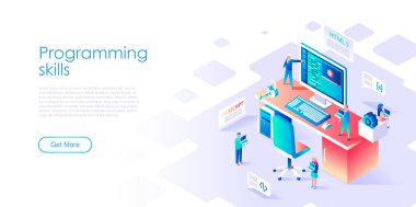 Afiş ve web sitesi için Programlama Becerileri Modern düz tasarım isometrik kavramı. Isometrik açılış sayfası şablonu. Web sitesi kodlaması için mühendislerden oluşan proje ekibinin geliştiricisi. Vektör çizimi.