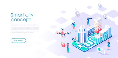 Modern düz tasarım izometrik kavramı akıllı şehir afiş ve Web sitesi için. İzometrik açılış sayfası şablonu. İş Merkezi gökdelenler ile şehrin sokaklarında yollar bağlı. Vektör çizim.
