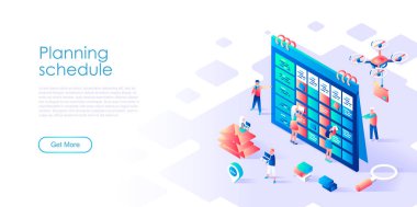Afiş ve web sitesi için Planlama Programı Modern düz tasarım izometrik kavramı. Isometrik açılış sayfası şablonu. İş adamlarından oluşan bir ekip iş planı oluşturuyor. Vektör çizimi.