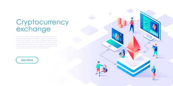 Moderno concepto isométrico de diseño plano de Cryptocurrency Exchange para banner y sitio web. Plantilla de landing page isométrica. Transacción virtual en efectivo, concepto de criptomoneda. Ilustración vectorial . — Vector de stock