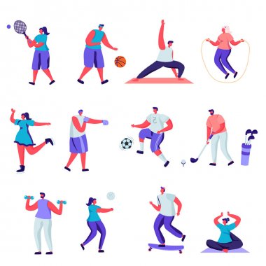 Düz insan spor aktiviteleri karakter seti. Paket karikatür insanlar mutlu eğitim veya beyaz arka plan üzerinde izole egzersiz. Düz modern tarzda vektör illüstrasyonu.