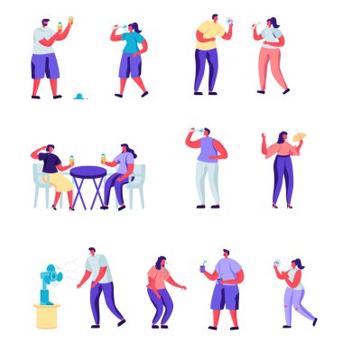 Güneş karakterleri terleyen düz insanlar kümesi. Paket karikatür insanlar içme suyu, beyaz arka plan üzerinde fanning. Düz modern tarzda vektör illüstrasyonu.