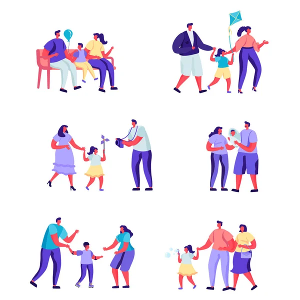 Conjunto de personas planas momentos felices de personajes familiares. Paquete de personas de dibujos animados en un paseo con niños en varias poses sobre fondo blanco. Ilustración vectorial en estilo moderno plano . — Archivo Imágenes Vectoriales