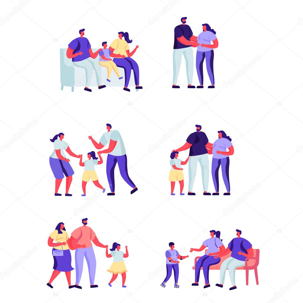 Set of flat people happy moments of family characters. Bundle cartoon people on a walk with children in various poses on white background. Vector illustration in flat modern style.