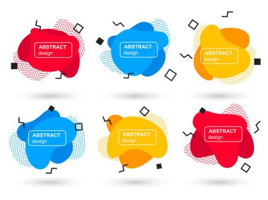 Soyut sıvı şekiller modern grafik elemanları kümesi. Akışkan tasarım formları ve çizgi. Parlak soyut afişler. Bir logo, el ilanı veya sununun baskı tasarımı için şablon. Vektör çizimi.