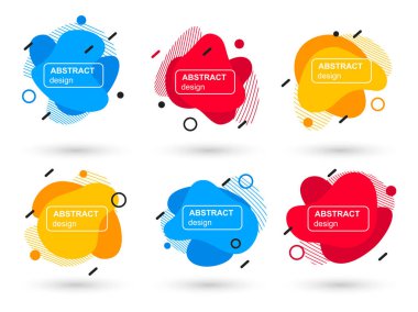 Soyut sıvı şekiller modern grafik elemanları kümesi. Akışkan tasarım formları ve çizgi. Parlak soyut afişler. Bir logo, el ilanı veya sununun baskı tasarımı için şablon. Vektör çizimi.