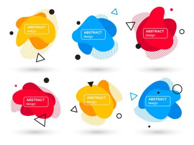 Soyut sıvı şekiller modern grafik elemanları kümesi. Akışkan tasarım formları ve çizgi. Parlak soyut afişler. Bir logo, el ilanı veya sununun baskı tasarımı için şablon. Vektör çizimi.