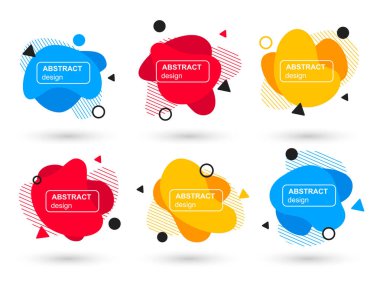 Soyut sıvı şekiller modern grafik elemanları kümesi. Akışkan tasarım formları ve çizgi. Parlak soyut afişler. Bir logo, el ilanı veya sununun baskı tasarımı için şablon. Vektör çizimi.
