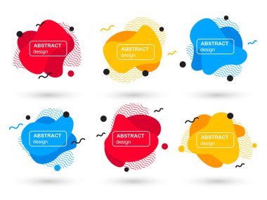 Soyut sıvı şekiller modern grafik elemanları kümesi. Akışkan tasarım formları ve çizgi. Parlak soyut afişler. Bir logo, el ilanı veya sununun baskı tasarımı için şablon. Vektör çizimi.