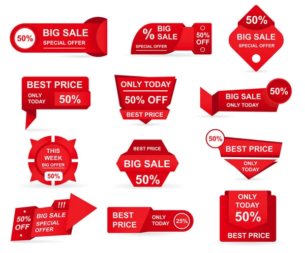 Set of retail red sale tags. Stickers best offer price and big sale pricing badges design. Limited sales offer label or store discount banner card isolated. Shopping coupon. Vector illustration. — Stock Vector