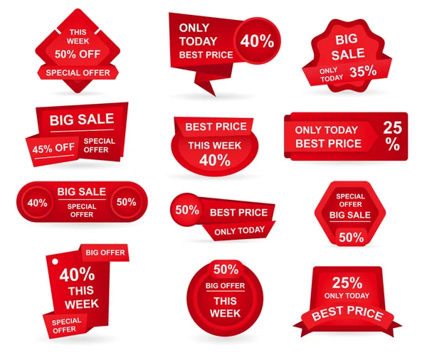Eine Reihe von roten Verkaufsetiketten. Aufkleber bieten am besten Preis und große Verkaufspreise Abzeichen Design. begrenzte Verkäufe bieten Etikett oder Rabattkarte isoliert. Einkaufsgutschein. Vektorillustration. — Stockvektor